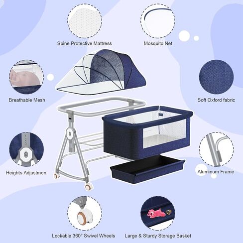 Bassinets Bedside Sleeper for Baby,YTHFGRT 3 in 1 Bedside Bassinet with 4 Auto-Lock& 6 Height Adjustable,Moises Para Nias Recien Nacidas Breastfeeding Friendly,Portable Bedside Crib for Newborn Infant in Saudi Arabia