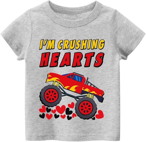Tkria Boys Girls Valentine Day Shirts Short Sleeve Monster Truck Excavator Flamingos XOXO Love Heart Tops for Kids 2-10T in Kuwait