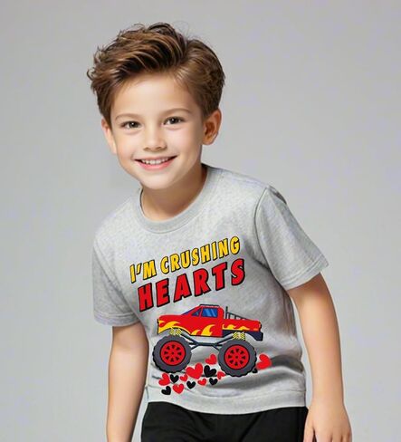 Tkria Boys Girls Valentine Day Shirts Short Sleeve Monster Truck Excavator Flamingos XOXO Love Heart Tops for Kids 2-10T in Kuwait