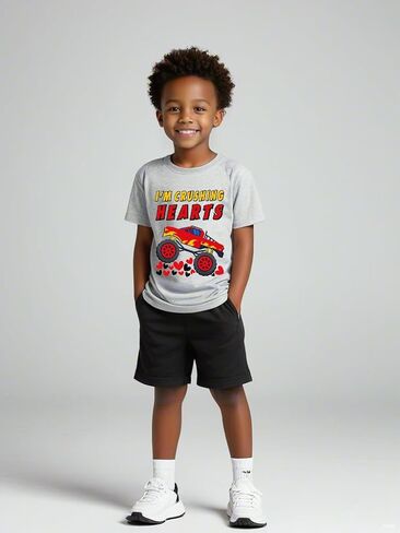 Tkria Boys Girls Valentine Day Shirts Short Sleeve Monster Truck Excavator Flamingos XOXO Love Heart Tops for Kids 2-10T in Kuwait