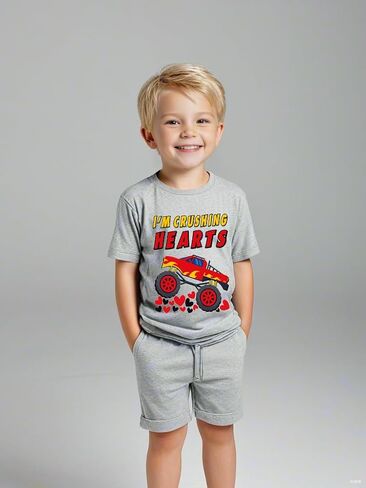 Tkria Boys Girls Valentine Day Shirts Short Sleeve Monster Truck Excavator Flamingos XOXO Love Heart Tops for Kids 2-10T in Kuwait