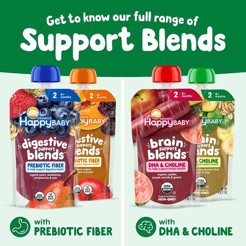 Happy Baby Organics Brain Support Blends, Baby Food Pouches, Variety Pack (Pack of 16), Amazon Exclusive in Kuwait