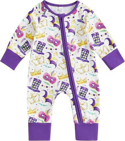 Lamuusaa Newborn Baby Girl Boy Mardi Gras Outfit Long Sleeve Mask Crown Romper Zipper Bodysuit One Piece Jumpsuit in Kuwait