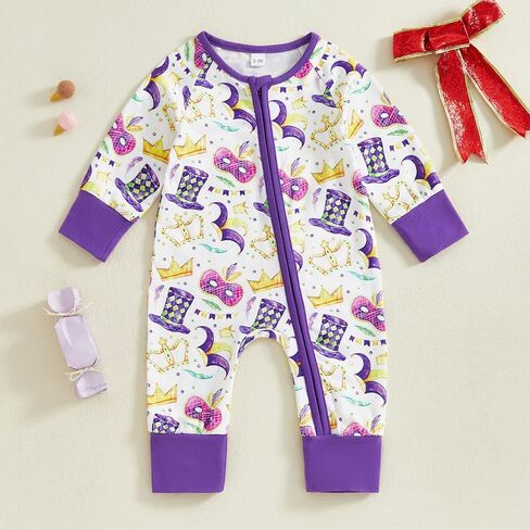 Lamuusaa Newborn Baby Girl Boy Mardi Gras Outfit Long Sleeve Mask Crown Romper Zipper Bodysuit One Piece Jumpsuit in Kuwait