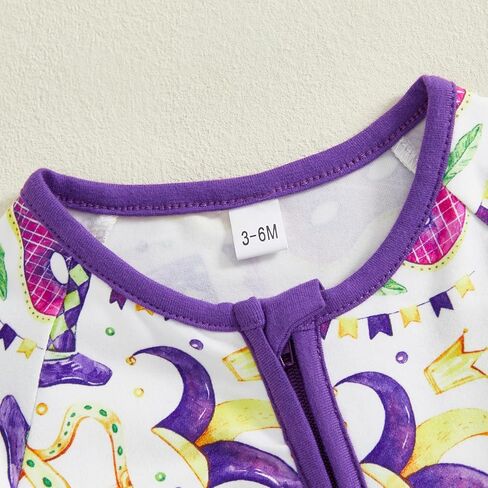 Lamuusaa Newborn Baby Girl Boy Mardi Gras Outfit Long Sleeve Mask Crown Romper Zipper Bodysuit One Piece Jumpsuit in Kuwait