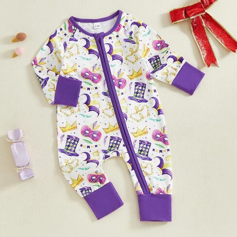 Lamuusaa Newborn Baby Girl Boy Mardi Gras Outfit Long Sleeve Mask Crown Romper Zipper Bodysuit One Piece Jumpsuit in Kuwait