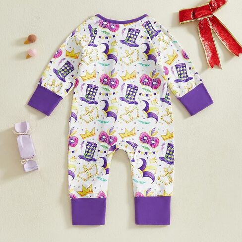 Lamuusaa Newborn Baby Girl Boy Mardi Gras Outfit Long Sleeve Mask Crown Romper Zipper Bodysuit One Piece Jumpsuit in Kuwait