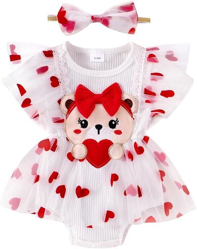 Baby Valentines Outfit Girl Newborn Clothes Bear Lace Ruffled Romper Tulle Love Skirt + Cute Bow Headband 0-12 Months in Kuwait