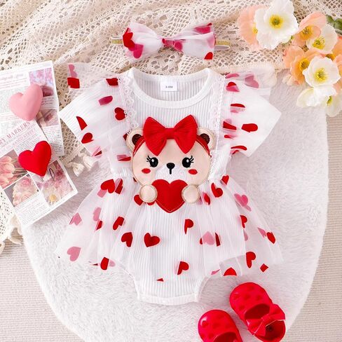 Baby Valentines Outfit Girl Newborn Clothes Bear Lace Ruffled Romper Tulle Love Skirt + Cute Bow Headband 0-12 Months in Kuwait