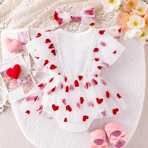 Baby Valentines Outfit Girl Newborn Clothes Bear Lace Ruffled Romper Tulle Love Skirt + Cute Bow Headband 0-12 Months in Kuwait