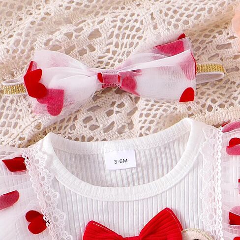 Baby Valentines Outfit Girl Newborn Clothes Bear Lace Ruffled Romper Tulle Love Skirt + Cute Bow Headband 0-12 Months in Kuwait