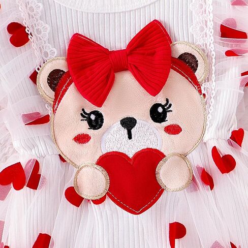 Baby Valentines Outfit Girl Newborn Clothes Bear Lace Ruffled Romper Tulle Love Skirt + Cute Bow Headband 0-12 Months in Kuwait