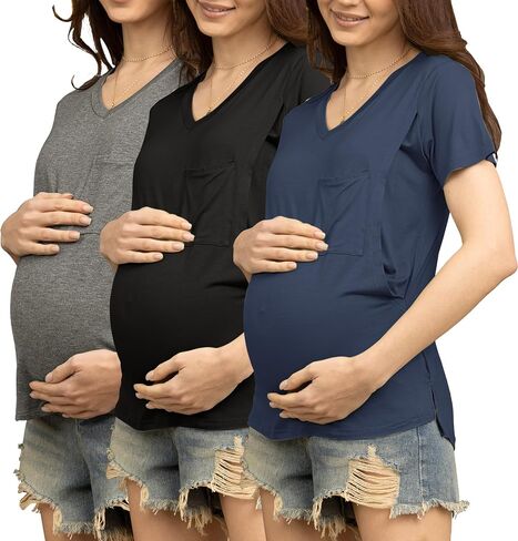 SUNNYBUY 3 Pack Women's Nursing Tops for Breastfeeding Short Sleeves Maternity Clothes Double Layer Postpartum Shirts in Saudi Arabia
