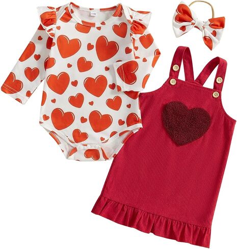Karuedoo Newborn Baby Girl Valentines Day Outfit Ruffle Long Sleeve Romper Corduroy Suspender Skirt Overall Dress Set in Saudi Arabia