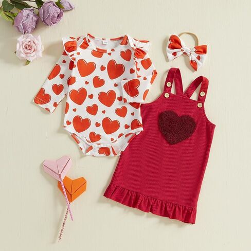 Karuedoo Newborn Baby Girl Valentines Day Outfit Ruffle Long Sleeve Romper Corduroy Suspender Skirt Overall Dress Set in Saudi Arabia