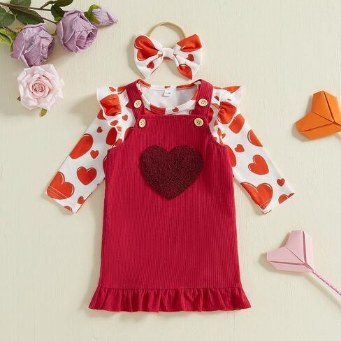 Karuedoo Newborn Baby Girl Valentines Day Outfit Ruffle Long Sleeve Romper Corduroy Suspender Skirt Overall Dress Set in Saudi Arabia