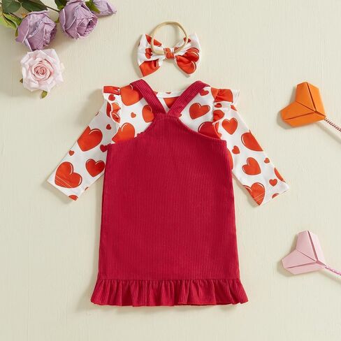 Karuedoo Newborn Baby Girl Valentines Day Outfit Ruffle Long Sleeve Romper Corduroy Suspender Skirt Overall Dress Set in Saudi Arabia