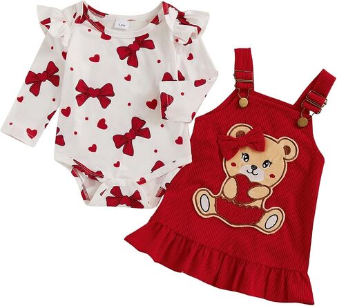Karuedoo Newborn Baby Girl Valentines Day Outfit Ruffle Long Sleeve Romper Corduroy Suspender Skirt Overall Dress Set in Saudi Arabia