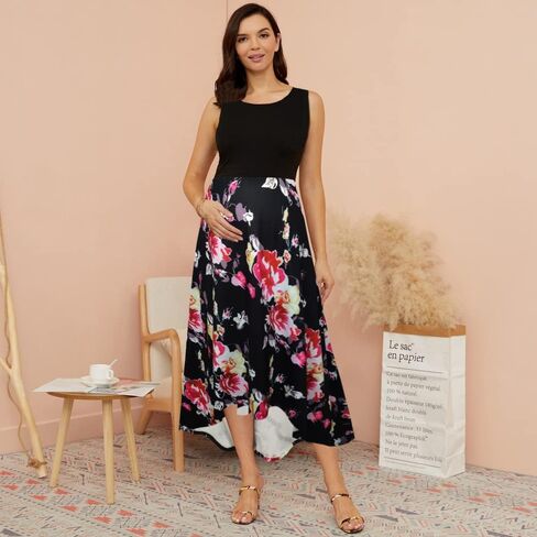 H & Joy Womens Maternity Press Dress Midi Floral Dress Frust Franting Summer Dresses Black in Saudi Arabia
