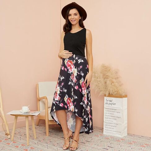 H & Joy Womens Maternity Press Dress Midi Floral Dress Frust Franting Summer Dresses Black in Saudi Arabia