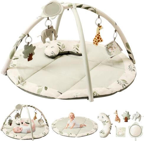 Fortella Baby Play Gym & Activity Mat, Tummy Time Mat w 5 Detachable Toys and Pillow, Large Sensory Playmat for Floor, Newborn Infant Baby Essentials Shower Gift 0-3-6-9-12 Months (Sage Green) in Kuwait