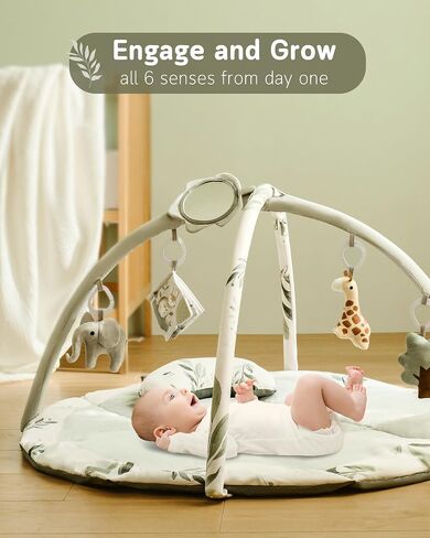 Fortella Baby Play Gym & Activity Mat, Tummy Time Mat w 5 Detachable Toys and Pillow, Large Sensory Playmat for Floor, Newborn Infant Baby Essentials Shower Gift 0-3-6-9-12 Months (Sage Green) in Kuwait