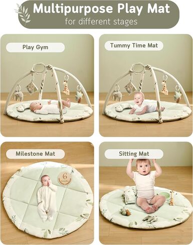 Fortella Baby Play Gym & Activity Mat, Tummy Time Mat w 5 Detachable Toys and Pillow, Large Sensory Playmat for Floor, Newborn Infant Baby Essentials Shower Gift 0-3-6-9-12 Months (Sage Green) in Kuwait