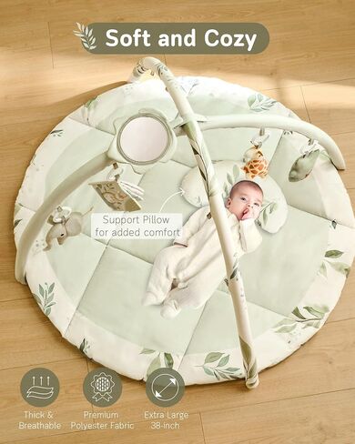 Fortella Baby Play Gym & Activity Mat, Tummy Time Mat w 5 Detachable Toys and Pillow, Large Sensory Playmat for Floor, Newborn Infant Baby Essentials Shower Gift 0-3-6-9-12 Months (Sage Green) in Kuwait