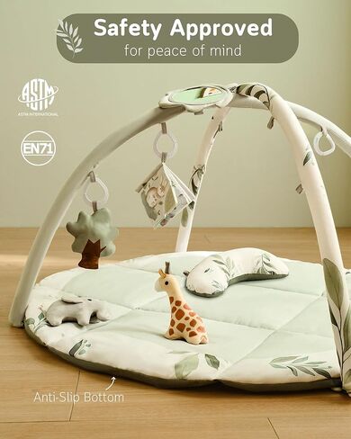 Fortella Baby Play Gym & Activity Mat, Tummy Time Mat w 5 Detachable Toys and Pillow, Large Sensory Playmat for Floor, Newborn Infant Baby Essentials Shower Gift 0-3-6-9-12 Months (Sage Green) in Kuwait