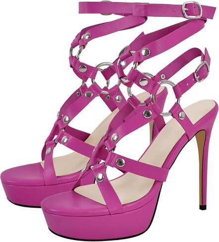 VERISSON Women's Grommets Stiletto Sandals Platform Open-back High Heels Cross Bands Open Toe Buckle-up Ankle Sandals Party Dressing in Saudi Arabia
