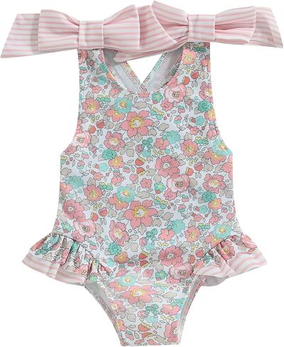 Toddler Girls Strap One Piece Swimsuit Floral Sleeveless Backless Bathing Suit Ruffles Bowknot Swimwear Summer Beach Wear in Saudi Arabia