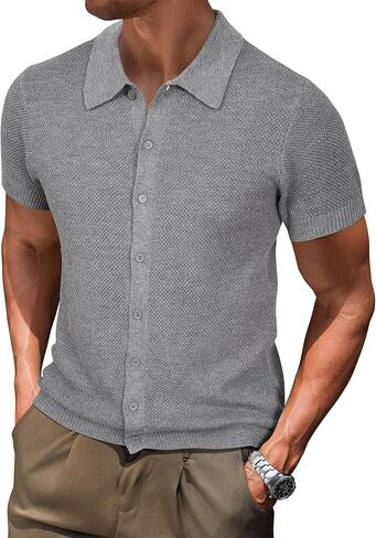 Arach&Cloz Mens Button Down Clean Knit Shirts 2024 Fall Fashion Sweater Casual Business Short Sleeve Golf Polo in Kuwait