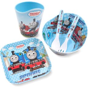 Thomas Transport Fans 5 Pcs Set Cartoon Durable Tableware Meal Dishes Mealtime Food Feeding Eating Set includes Dinner Serving Bowl Plate Cup with a Matching Spoon and Fork