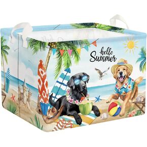 Clastyle Summer Holiday Beach Towel Basket Large Cool Dog Coconuts Tree Baby Nursery Bin Kid Book Clothes Toy Storage Basket for Outdoor Pool