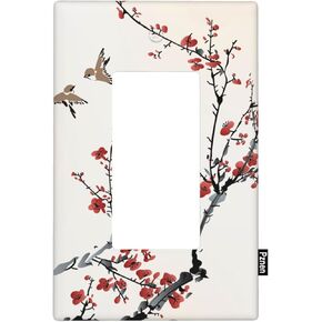 Watercolor Red Plum Rocker Switch Plate Covers Blossom Bird Tree Branch Decorative 1-Gang Wall Plate, Rocker Wallplates Standard Size 4.5" X 2.76" for Teen Boy Girl Room