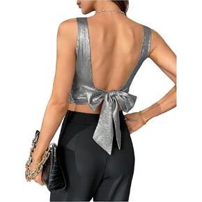 SweatyRocks Women's Tie Backless Round Neck Satin Blouses Shirts Ruched Sleeveless Tank Top