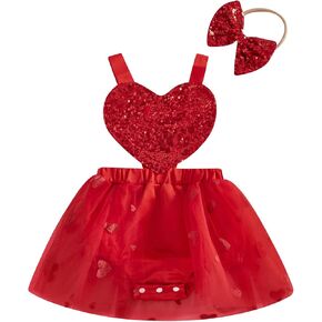 Baby Girl Valentines Day Outfit Heart Sequins Romper Dress Sleeveless Tulle Tutu Dress Backless Bodysuit Headband