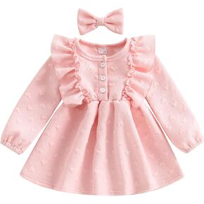 Karuedoo Toddler Baby Girl Valentines Day Dress Heart Textured Velvet Ruffle Long Sleeve Dress Birthday Party Wedding Dresses