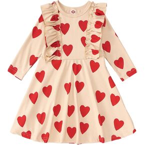 IZYJOY Little Girls Valentine's Day Dress Toddler Baby Girls Ribbed Love Heart Ruffle Dresses Long Sleeve Spring Outfit