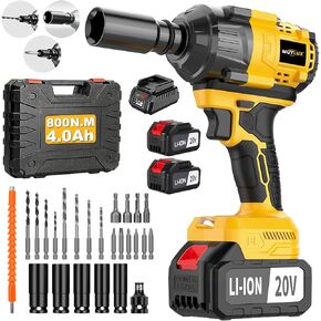 Cordless Impact Wrench, 600Ft-lbs(800N.m) Brushless 1/2 Impact Gun, 20V High Torque Power Impact Driver, 2 x 4.0Ah Batteries Electric Impact for Car Home