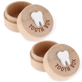 2 Pcs Tooth Fairy Tooth Holder, Wooden Tooth Holder Memory Box with 3D Tooth, Tooth Keepsake Box for Kids Lost Teeth