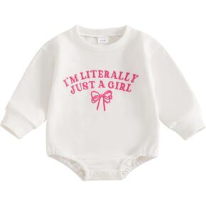 Newborn Baby Girl Outfit I'm Literally Just A Girl Bow Embroidery Sweatshirt Bubble Romper Cute Long Sleeve Bodysuit