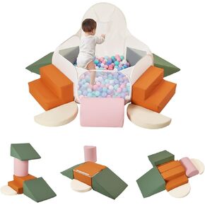 PU Leather Foam Climbing Blocks with Large Pop Up Ball Pit,Soft Play Set for Toddlers,Kids Indoor Climbers & Play Structures,Foldable Ball Pit,Colorful（Balls Not Included