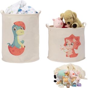 Navaris Green Dinosaur Toy Storage Baskets, Set of 2 - Collapsible Toys & Laundry Kids Hamper - Round Washing Basket Ideal for Baby Nursery and Bedroom - Hampers For Boys and Girls