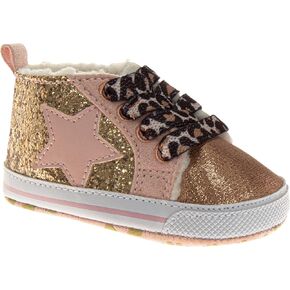 Josmo Infant Girls Fashion Sneakers Glitter High-Top Shoes - Star Patch Leopard Print Laces Lightweight Soft Sole (Size 2-4 Infant)