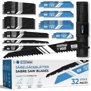 E•Werk - Reciprocating Saw Blade Set - 32 Pieces - Carbide Steel Replacement Saw Blades w/Storage Case - HCS (High Carbon Steel) & Bi-Metal Sabre Saw Blades for Wood, Metal & Plastic