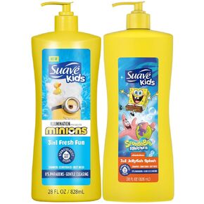 Suave Kids 3-in-1 Variety 2-Pack – Minions Fresh Fun + SpongeBob SquarePants JellyFish Splash Tear-Free Shampoo, Conditioner & Body Wash, 28 Oz Ea