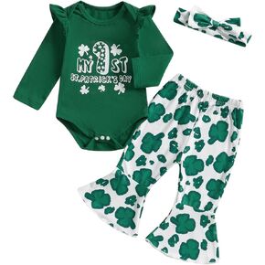 Karuedoo Newborn Baby Girl St Patricks Day Outfits Letter Print Long Sleeve Romper Clover Flared Pants Headband 3Pcs Sets