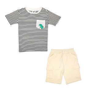 Toddler Boys' Cotton Clothing Set- Dinosaur Striped Kids Summer Set - White and Navy Striped Babies' Set