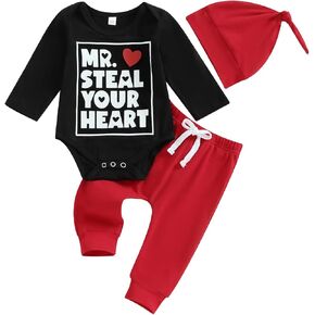 Mr. Steal Your Heart Baby Boy Outfit Newborn Valentines Day Long Sleeve Romper Pants Hat 3 Piece Clothes Set